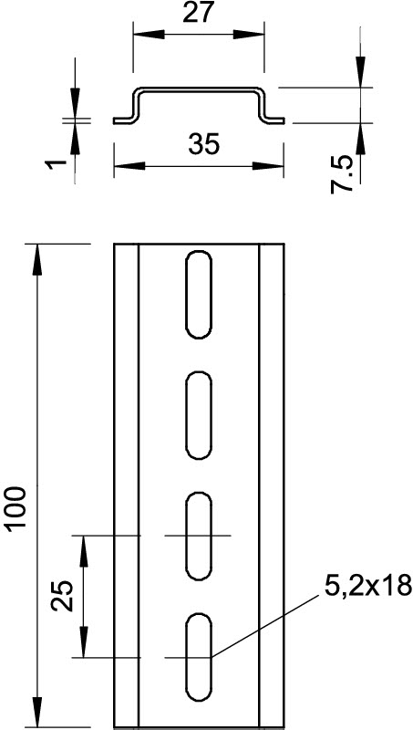 DIN- рейка перфорированная оцинкованная 35x7,5x2000 мм, ТОЛЩИНА СТАЛИ 1ММ