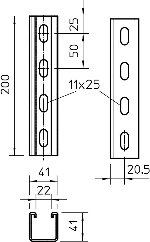 Профиль STRUT перфорированный 3 стороны, 41х41x3000 мм, S=2,5 мм, горячий цинк