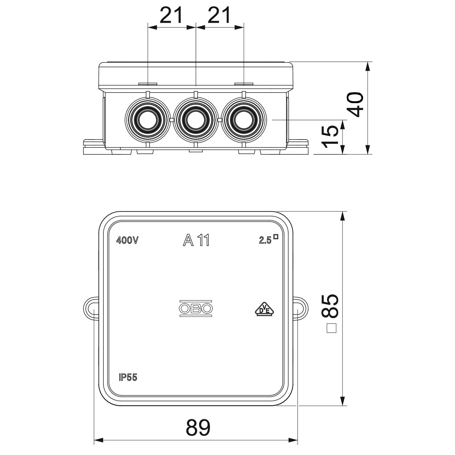 Коробка распределительная A11, 75х75х35 мм, внешний размер 85x85x40 мм, IP55, вводы d16х12, белая