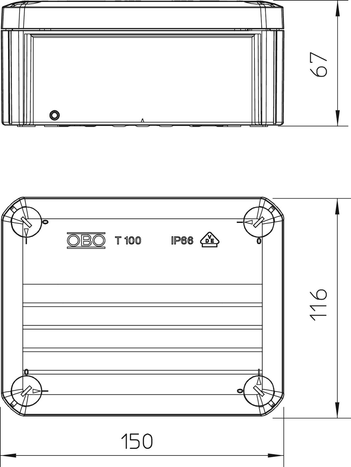 Коробка распределительная T100, 136х102х57 мм, внешний размер 150x116x67 мм, IP66, сплошная стенка, серая