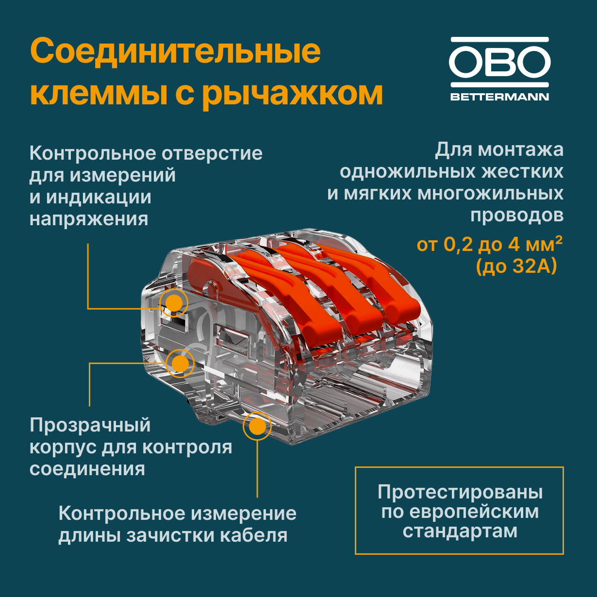 Клемма OBO универсальная c зажимом 3x0.2-4 мм², (222-413)