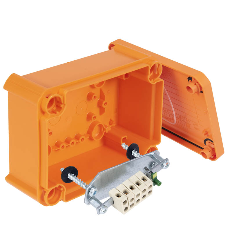 Коробка огнестойкая FireBox T100, 136х102х57 мм, внешний размер 150x116x67 мм, IP66, 5+1 клемма, 4 мм², сплошная стенка, внутреннее крепление, оранжевая