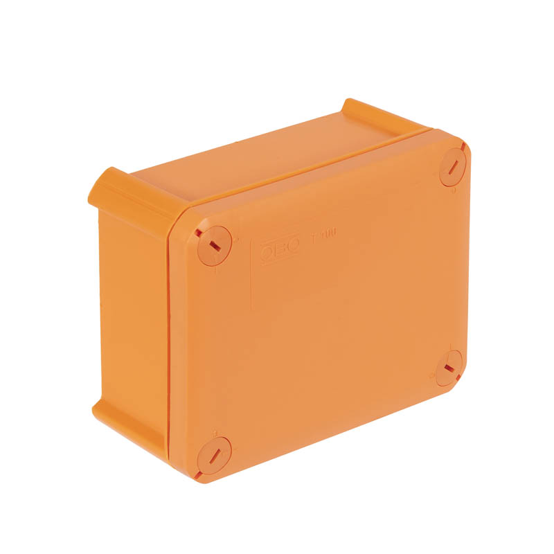 Коробка огнестойкая FireBox T100, 136х102х57 мм, внешний размер 150x116x67 мм, IP66, 5+1 клемма, 4 мм², сплошная стенка, внутреннее крепление, оранжевая