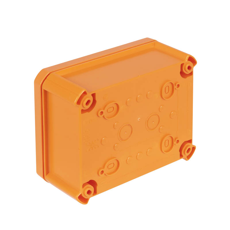 Коробка огнестойкая FireBox T100, 136х102х57 мм, внешний размер 150x116x67 мм, IP66, 5+1 клемма, 4 мм², сплошная стенка, внутреннее крепление, оранжевая