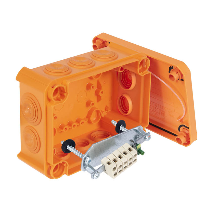 Коробка огнестойкая FireBox T100, 136х102х57 мм, внешний размер 150x116x67 мм, IP66, 5+1 клемма, 4 мм², вводы d25x8, d32x2, внутреннее крепление, оранжевая