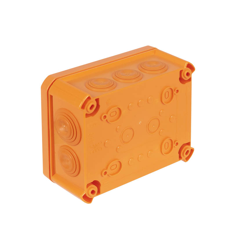 Коробка огнестойкая FireBox T100, 136х102х57 мм, внешний размер 150x116x67 мм, IP66, 5+1 клемма, 4 мм², вводы d25x8, d32x2, внутреннее крепление, оранжевая