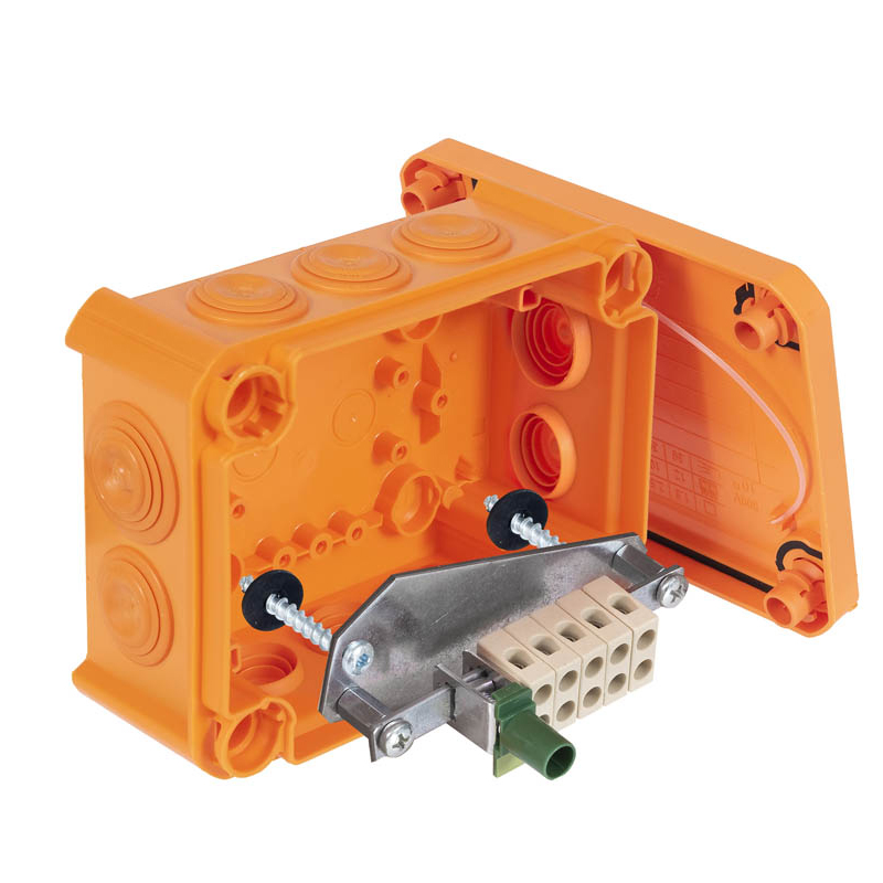 Коробка огнестойкая FireBox T100, 136х102х57 мм, внешний размер 150x116x67 мм, IP66, 5+1 клемма, 6 мм², вводы d25x8, d32x2, внутреннее крепление, оранжевая