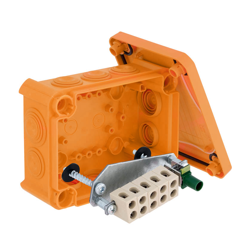Коробка огнестойкая FireBox T100, 136х102х57 мм, внешний размер 150x116x67 мм, IP66, 5+1 клемма, 10 мм², вводы d25x8, d32x2, внутреннее крепление, оранжевая