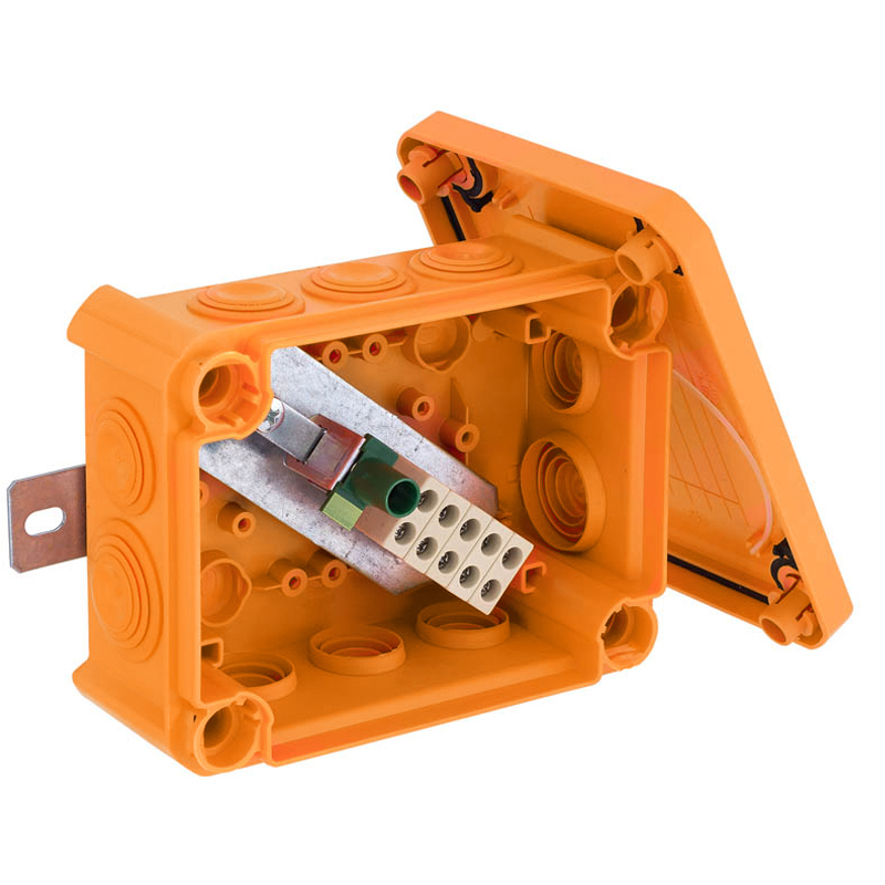 Коробка огнестойкая FireBox T100, 136х102х57 мм, внешний размер 150x116x67 мм, IP66, 5+1 клемма, 6 мм², вводы d25x8, d32x2, наружное крепление, оранжевая