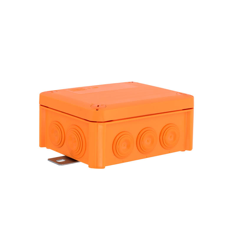 Коробка огнестойкая FireBox T100, 136х102х57 мм, внешний размер 150x116x67 мм, IP66, 5+1 клемма, 6 мм², вводы d25x8, d32x2, наружное крепление, оранжевая