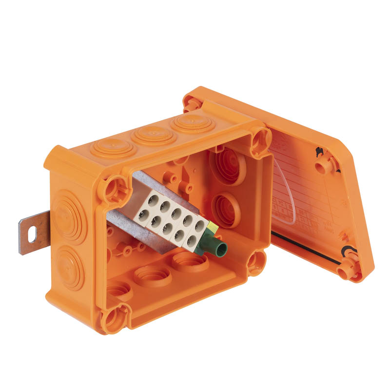 Коробка огнестойкая FireBox T100, 136х102х57 мм, внешний размер 150x116x67 мм, IP66, 5+1 клемма, 10 мм², вводы d25x8, d32x2, наружное крепление, оранжевая