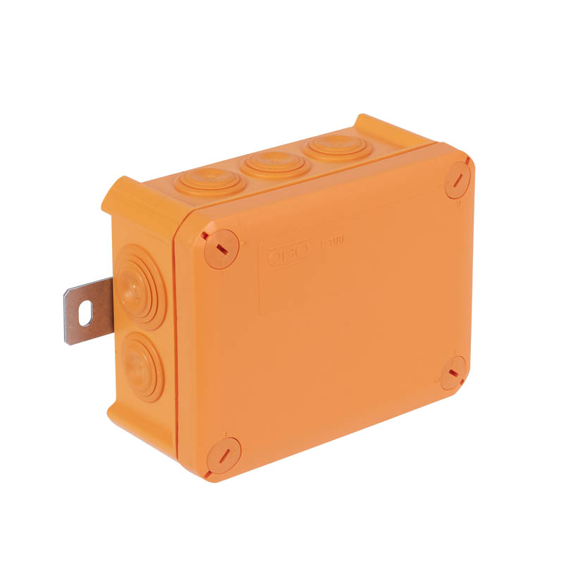 Коробка огнестойкая FireBox T100, 136х102х57 мм, внешний размер 150x116x67 мм, IP66, 5+1 клемма, 10 мм², вводы d25x8, d32x2, наружное крепление, оранжевая