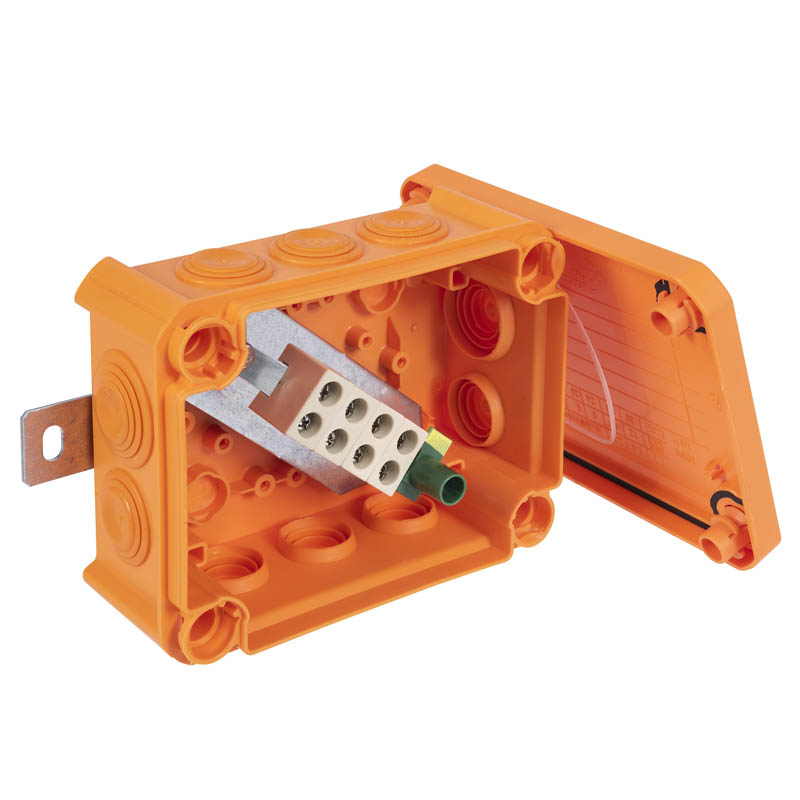 Коробка огнестойкая FireBox T100, 136х102х57 мм, внешний размер 150x116x67 мм, IP66, 4+1 клемма, 6 мм², вводы d25x8, d32x2, наружное крепление, оранжевая