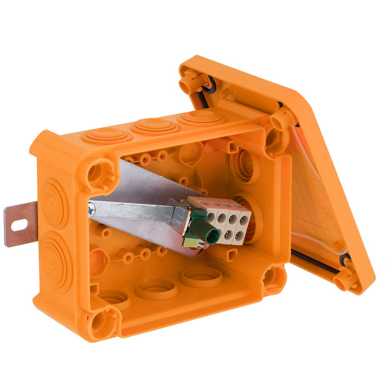 Коробка огнестойкая FireBox T100, 136х102х57 мм, внешний размер 150x116x67 мм, IP66, 4+1 клемма, 6 мм², вводы d25x8, d32x2, наружное крепление, оранжевая