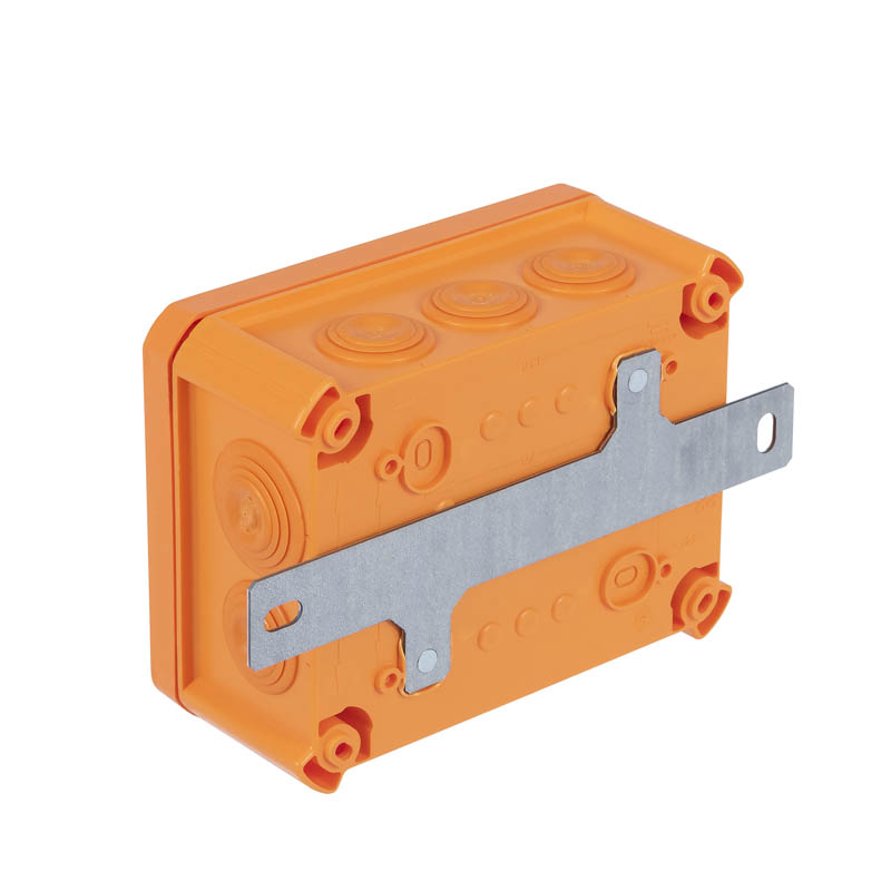 Коробка огнестойкая FireBox T100, 136х102х57 мм, внешний размер 150x116x67 мм, IP66, 4+1 клемма, 6 мм², вводы d25x8, d32x2, наружное крепление, оранжевая