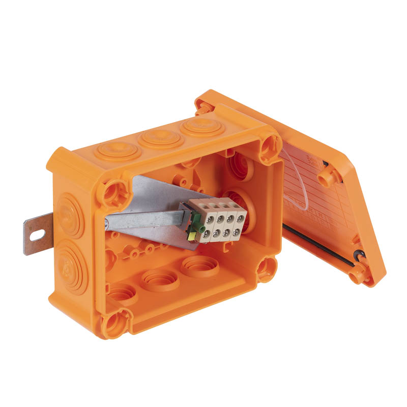 Коробка огнестойкая FireBox T100, 136х102х57 мм, внешний размер 150x116x67 мм, IP66, 4+1 клемма, 4 мм², вводы d25x8, d32x2, наружное крепление, оранжевая